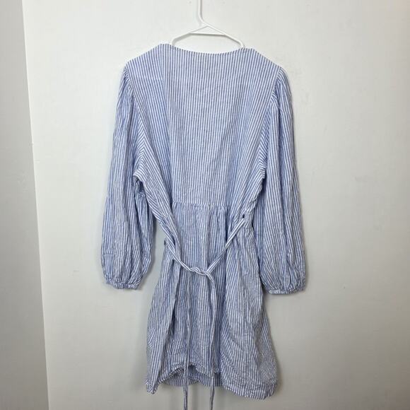 H&M Blue White Striped Linen Blend Coastal Long Sleeve Wrap Mini Dress Size L - Picture 8 of 9